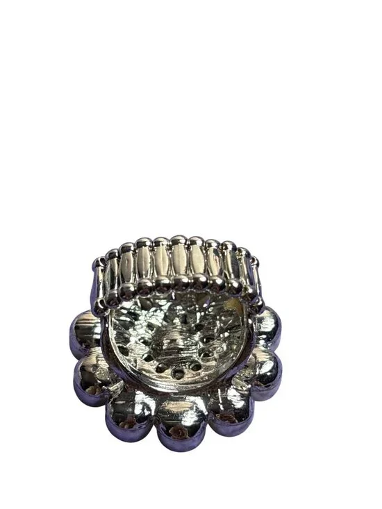 Faux Pearl Clear Rhinestone Silvertone Stretchy Ring - Picture 2 of 2